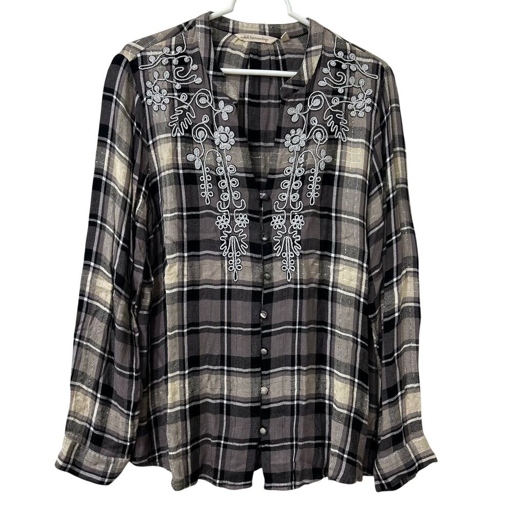 Soft Surroundings Women Large Gray Metallic Plaid Embroidered Button Down Blouse